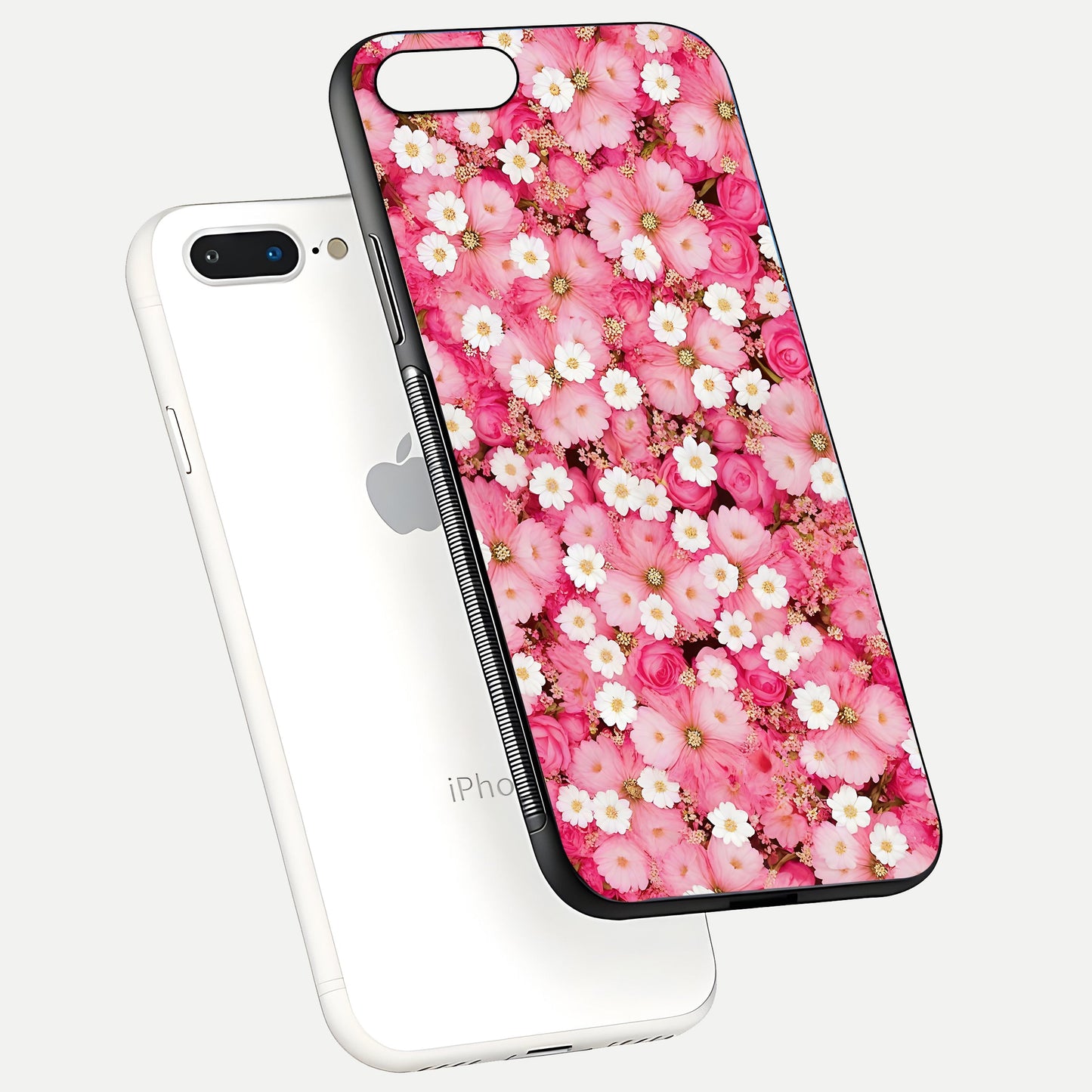 Pink Daisy Bliss Glass Case for iPhone 8 Plus floating dual-view mockup displaying gloss shine and pastel tones