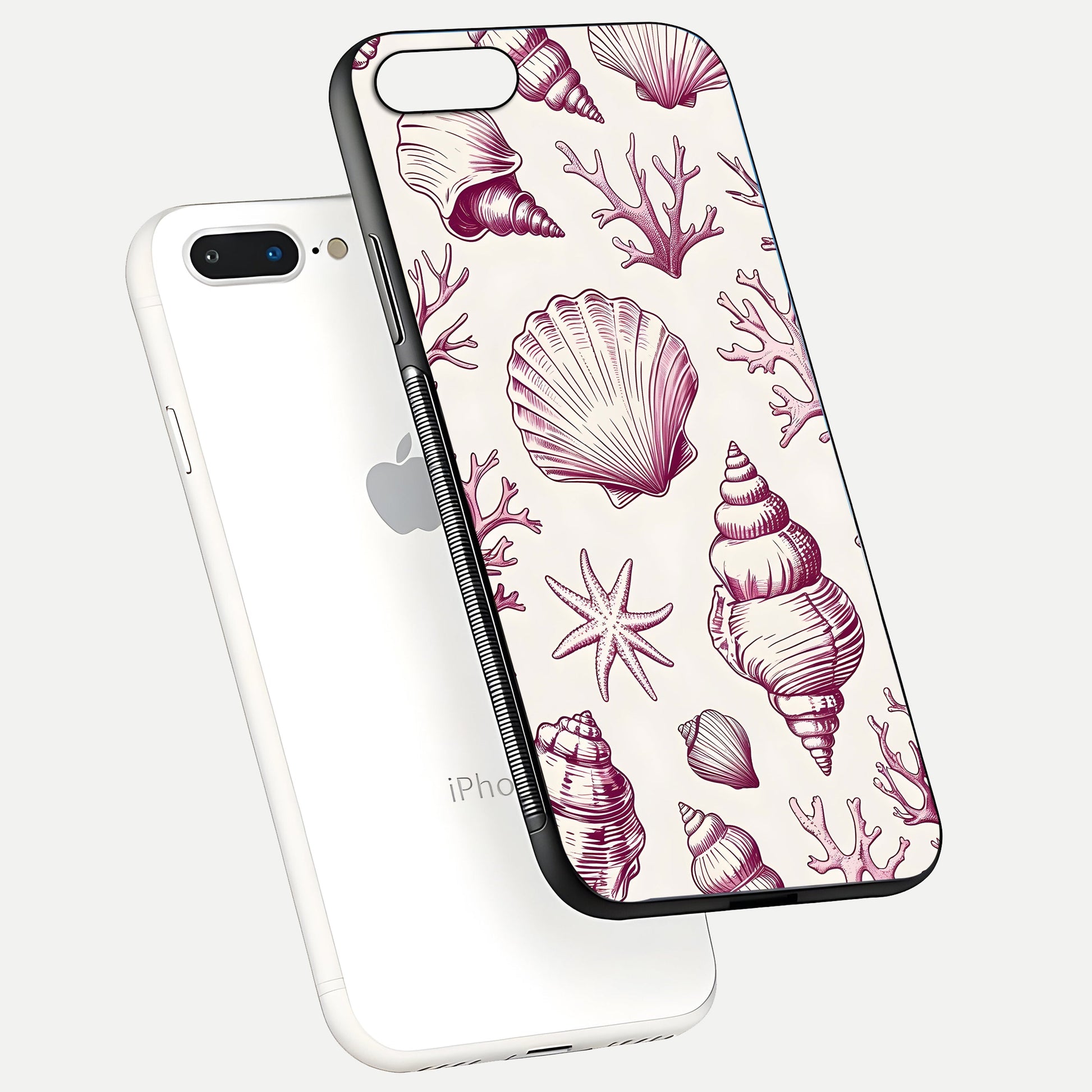 Pink Shells Outline Glass Case for iPhone 8 Plus floating dual-view mockup displaying gloss and ocean vibe