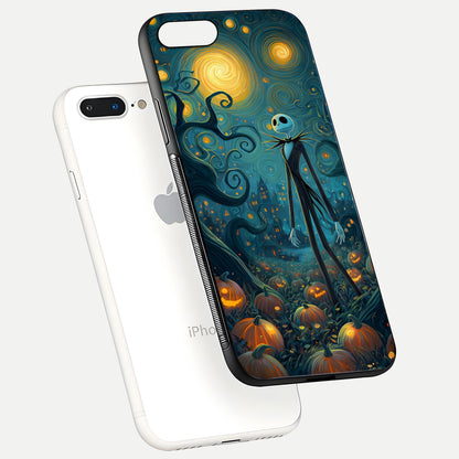 Pumpkin Moonlight Tale Glass Case for iPhone 8 Plus floating dual-view mockup showing HD gloss and eerie design