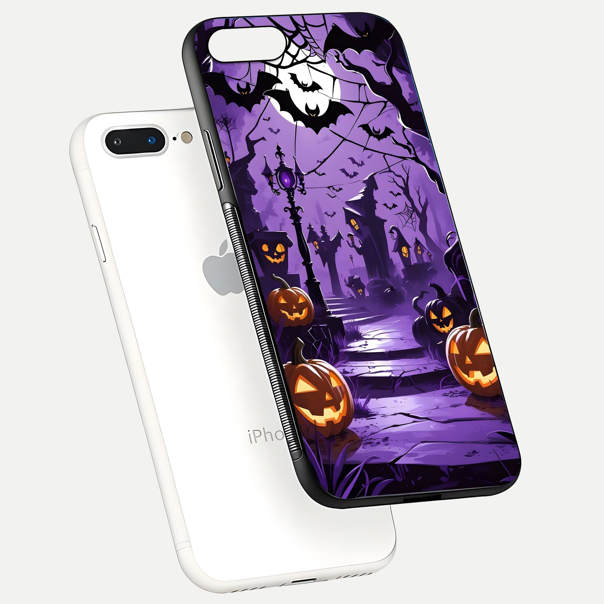 Pumpkin Patch Halloween Glass Case for iPhone 8 Plus floating dual-view mockup displaying gloss and dark tone
