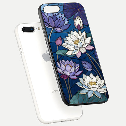 Purple Lotus Stained Glass Case for iPhone 8 Plus floating dual-view mockup displaying color depth and glass clarity
