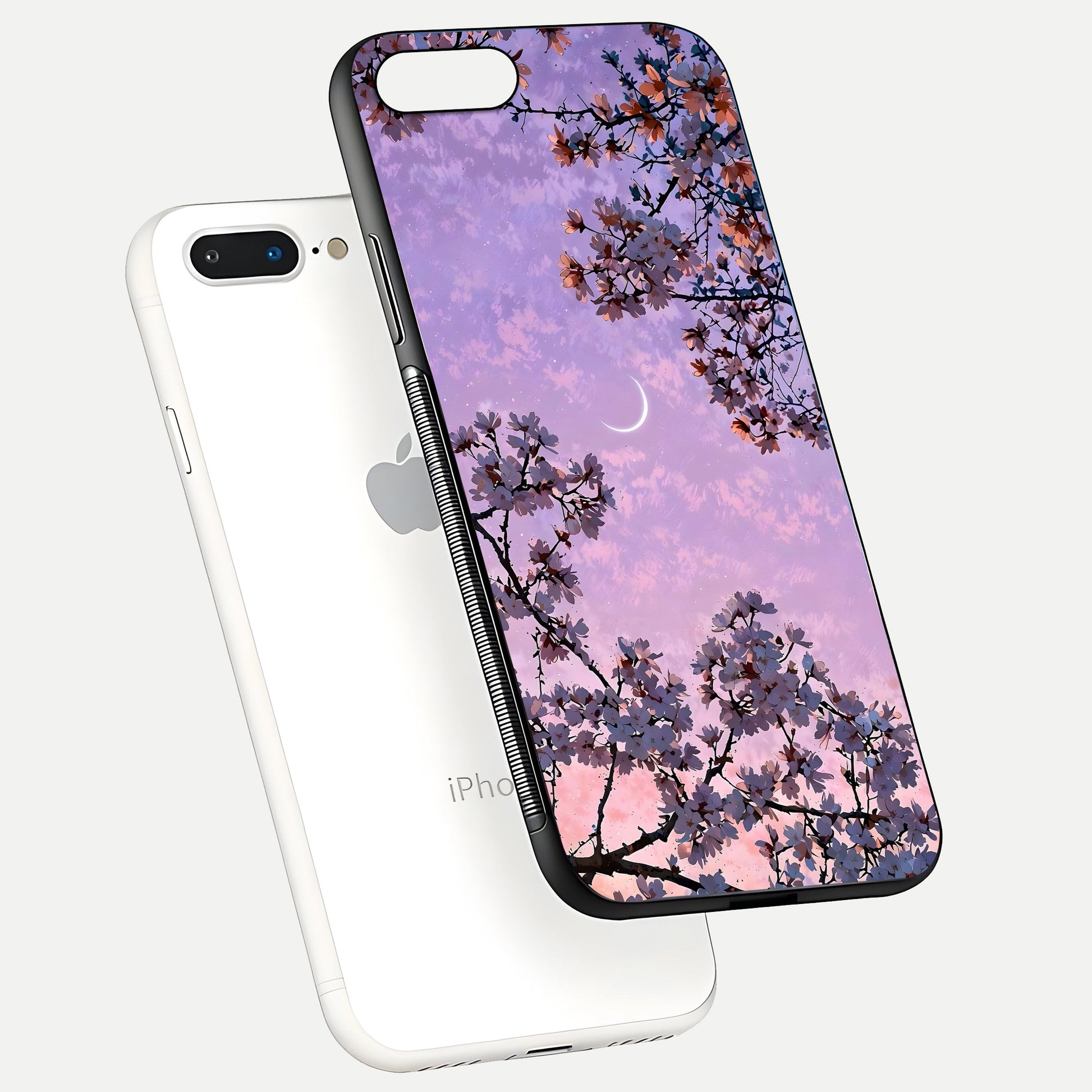 Purple Serenity Moon Glass Case for iPhone 8 Plus floating dual-view mockup showing gloss and cosmic detail
