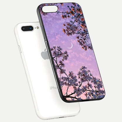 Purple Serenity Moon Glass Case for iPhone 8 Plus floating dual-view mockup showing gloss and cosmic detail