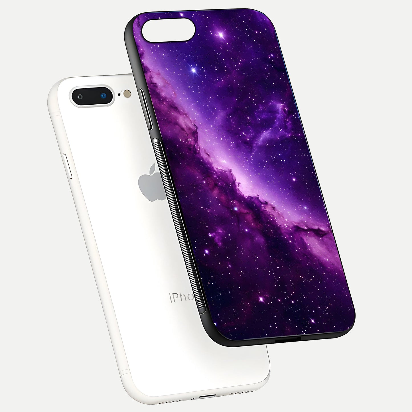 Purple Shade Sky Glass Case for iPhone 8 Plus floating dual-view mockup displaying gloss and sky theme
