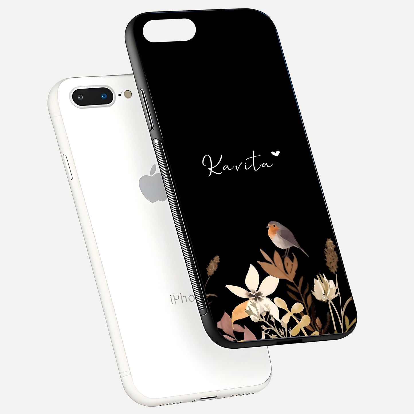 Quiet Garden Tune Custom Name Glass Case for iPhone 8 Plus floating dual-view mockup showing gloss and elegant detail
