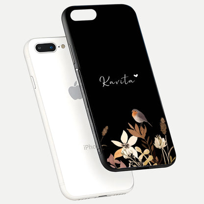 Quiet Garden Tune Custom Name Glass Case for iPhone 8 Plus floating dual-view mockup showing gloss and elegant detail