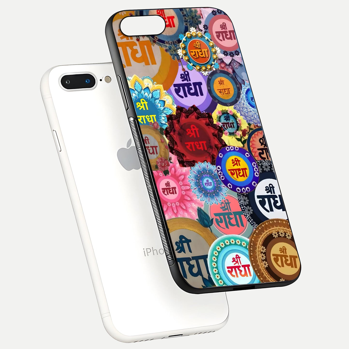 Radha Divine Bloom Glass Case for iPhone 8 Plus floating dual-view mockup showing gloss depth and HD art