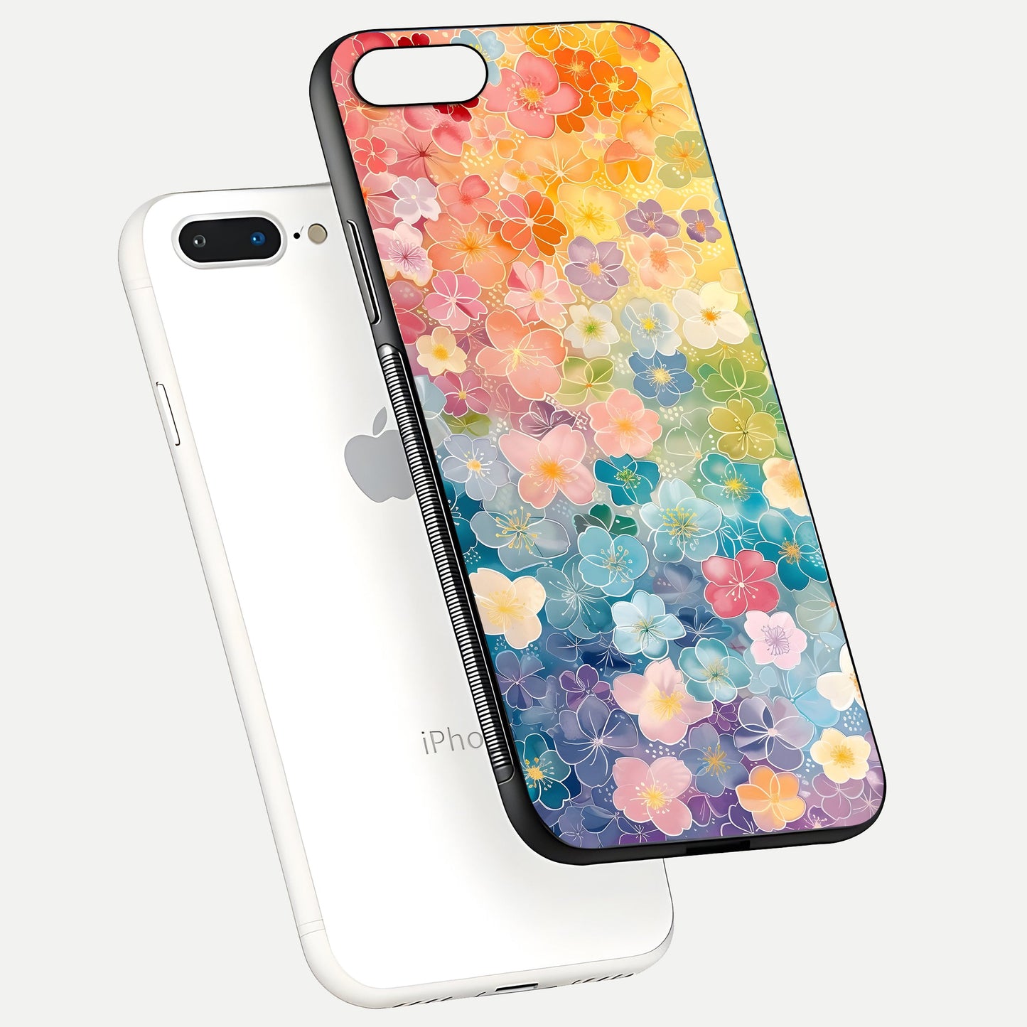 Rainbow Blossom Burst Glass Case for iPhone 8 Plus floating dual-view mockup displaying gloss and gradient pattern