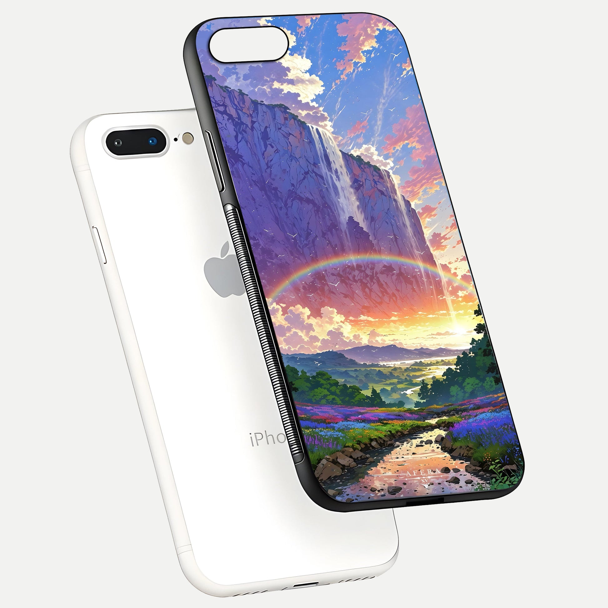 Rainbow Valley Dream Glass Case for iPhone 8 Plus floating dual-view mockup showing gloss texture and dream vibe