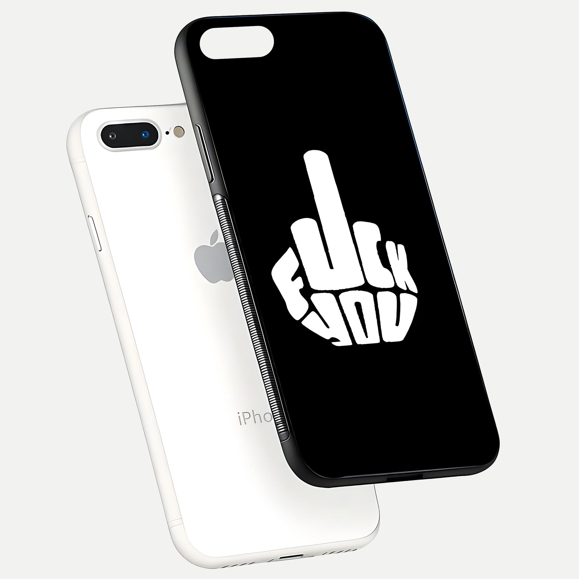 Rebel Mode On Glass Case for iPhone 8 Plus floating dual-view mockup displaying gloss shine and statement art