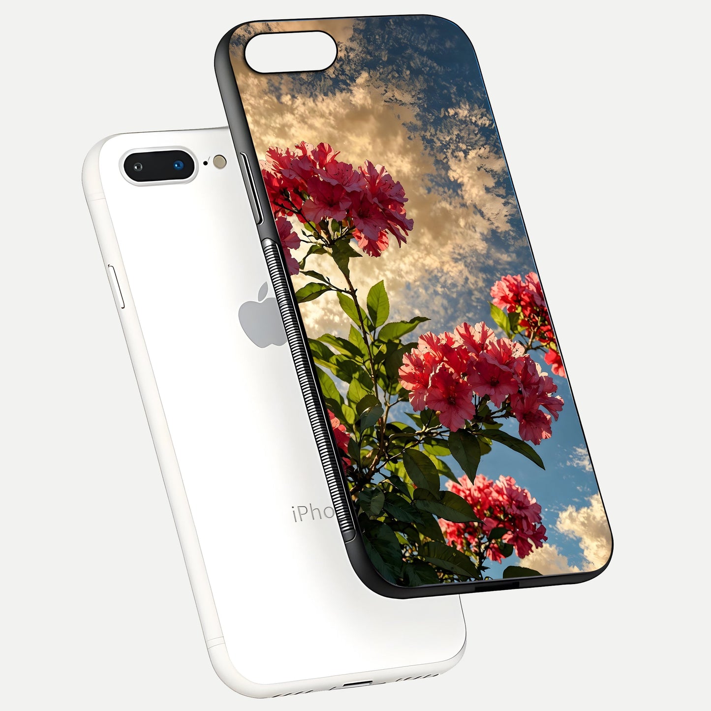 Red Bloom Skies Glass Case for iPhone 8 Plus floating dual-view mockup showing glass gloss and floral pattern