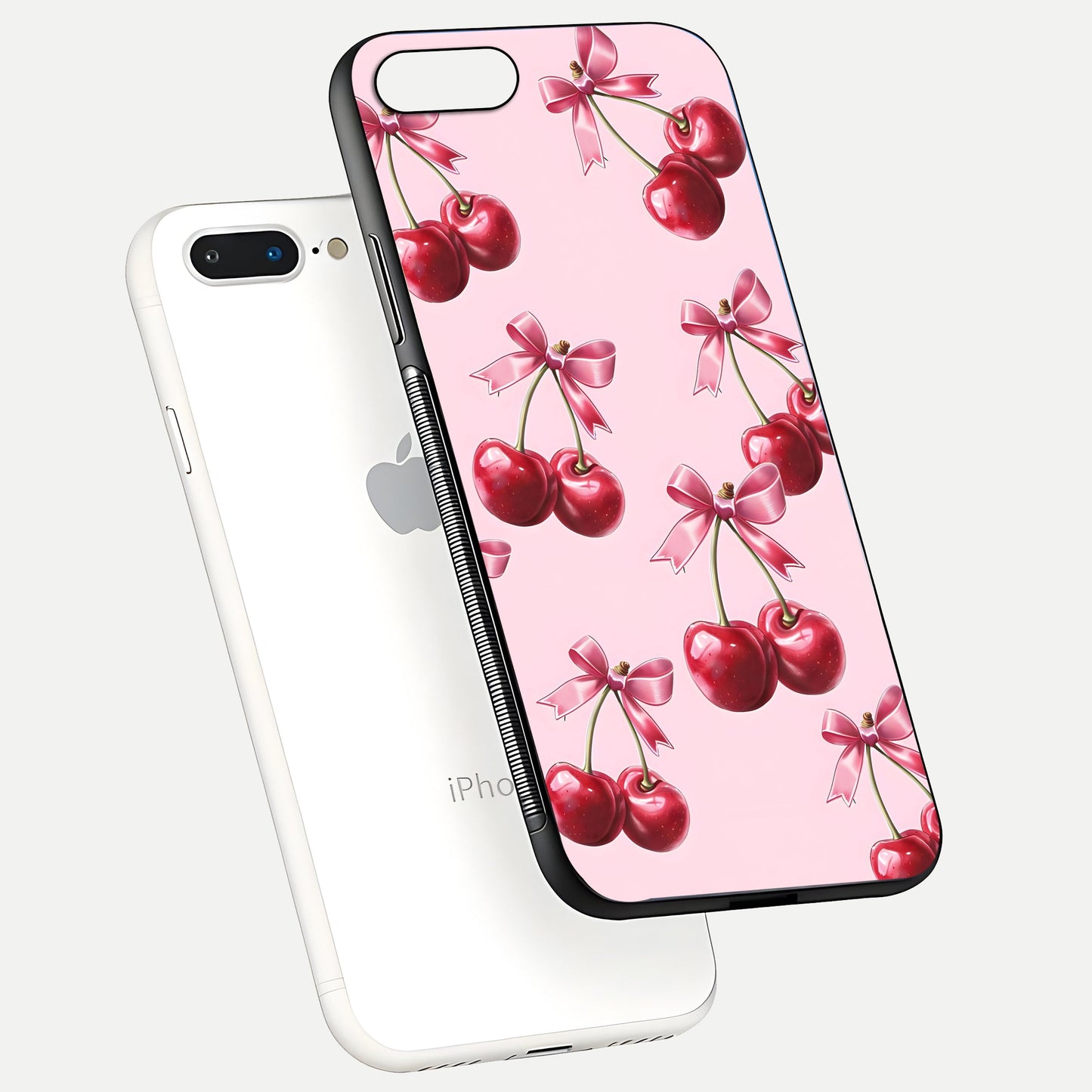 Red Cherries Pattern Glass Case for iPhone 8 Plus floating dual-view mockup showing gloss and color contrast
