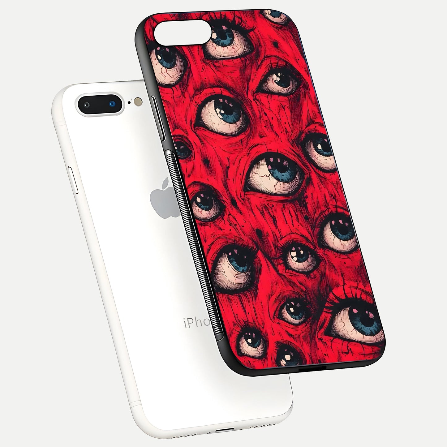 Red Eyes Pattern Glass Case for iPhone 8 Plus floating dual-view mockup displaying reflection and gloss texture