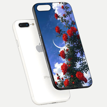 Rose Drift Flowers Glass Case for iPhone 8 Plus floating dual-view mockup showing gloss shine and floral tone