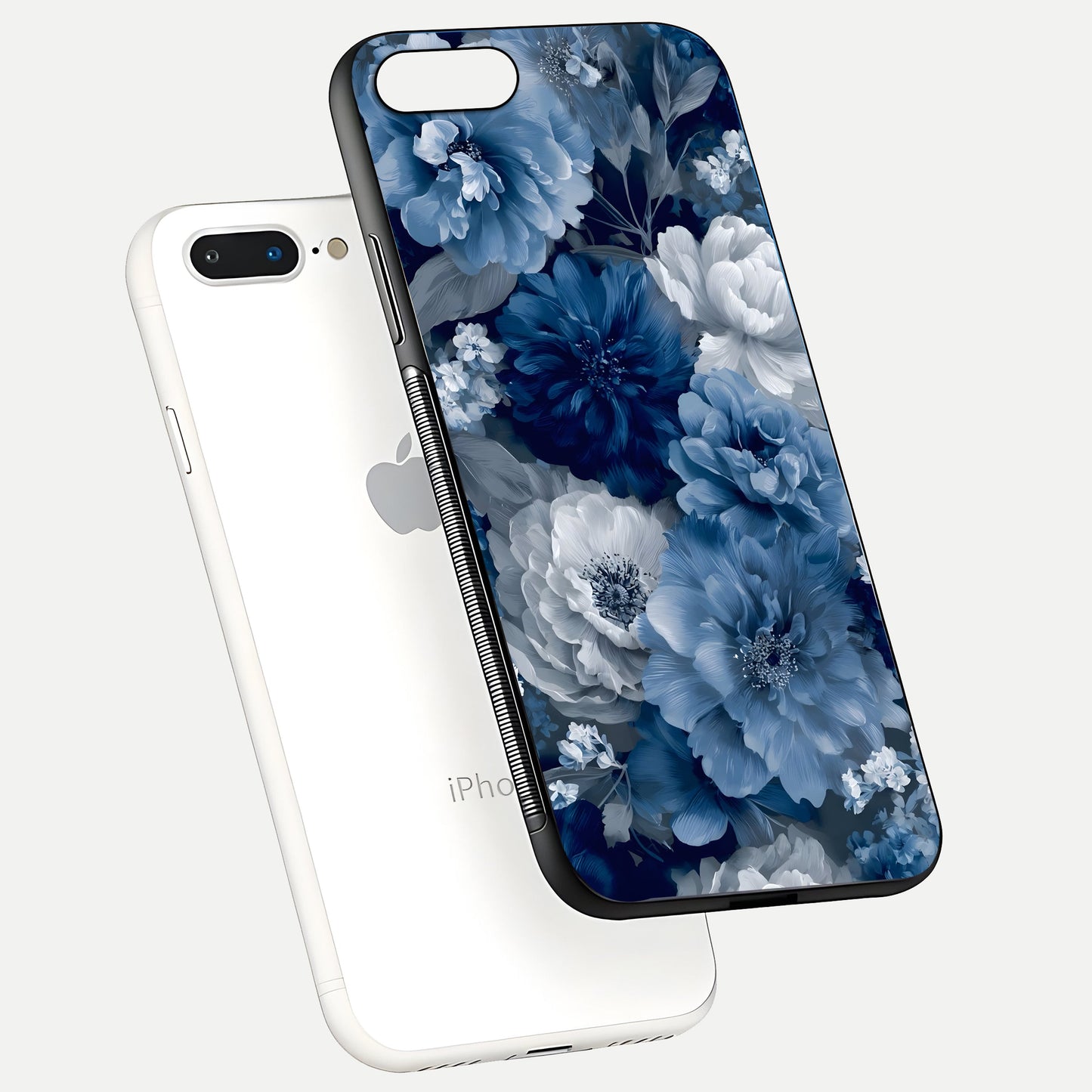 Royal Bloom Garden Glass Case for iPhone 8 Plus floating dual-view mockup displaying gloss and print clarity