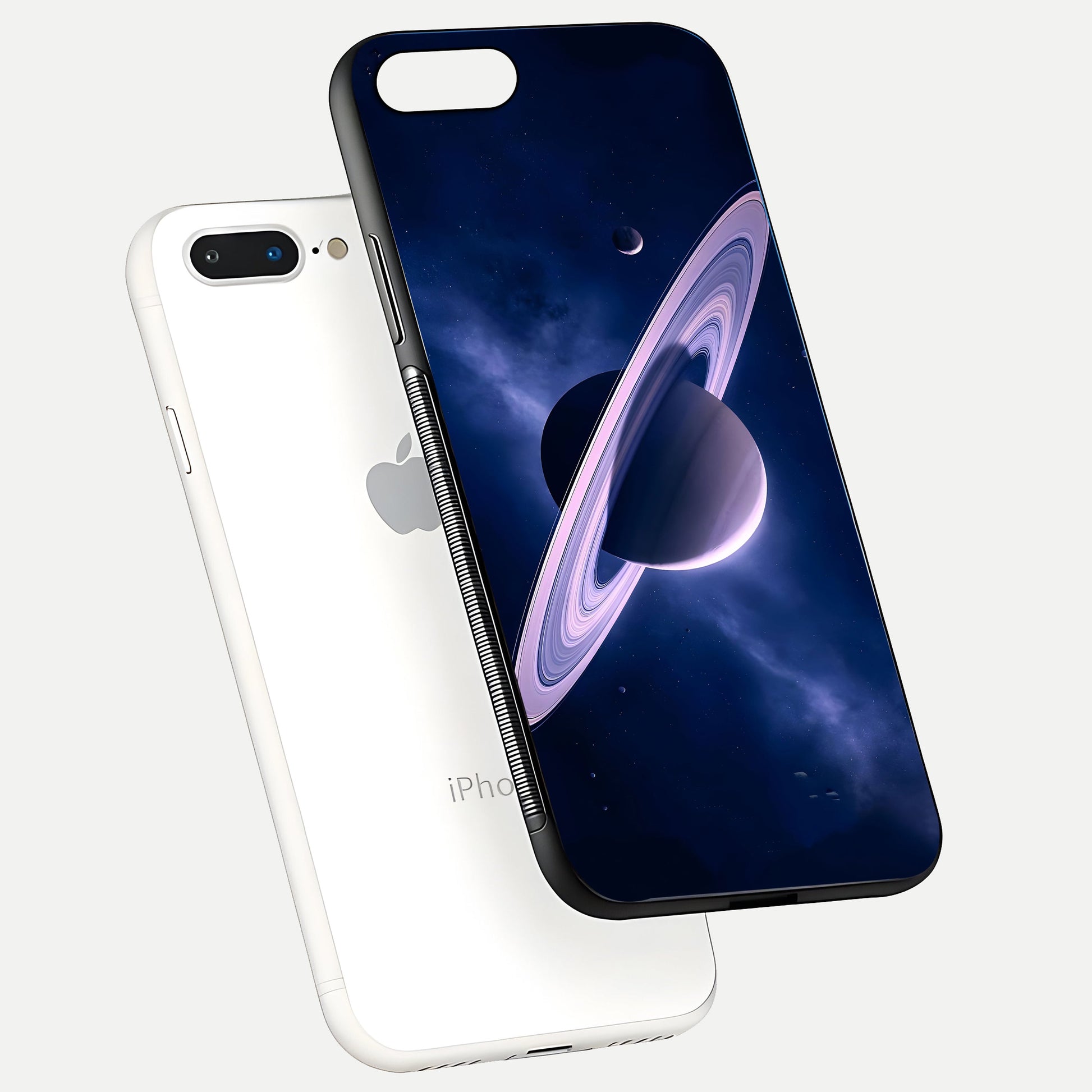 Saturn Ring Mystique Glass Case for iPhone 8 Plus floating dual-view mockup showing gloss finish and star detail