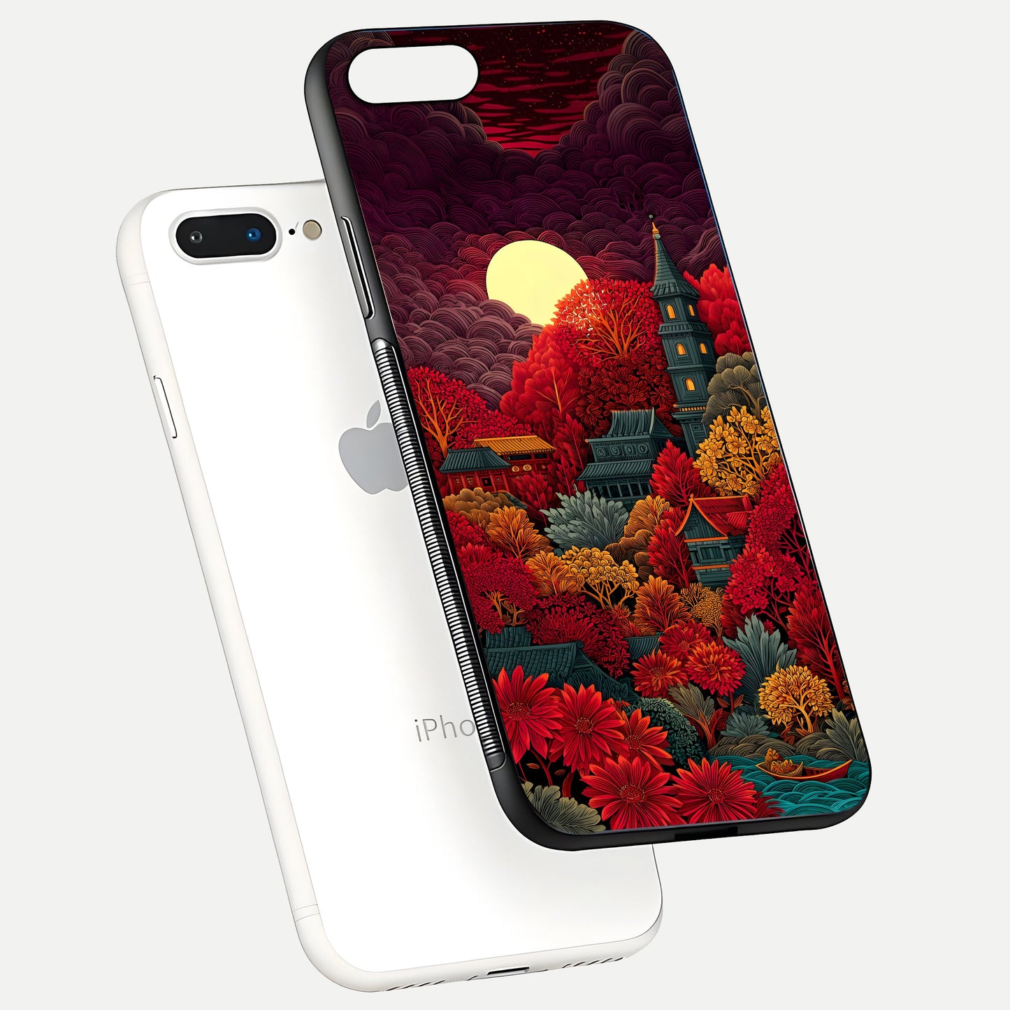 Scarlet Autumn Temple Glass Case for iPhone 8 Plus floating dual-view mockup displaying gloss shine and autumn tones