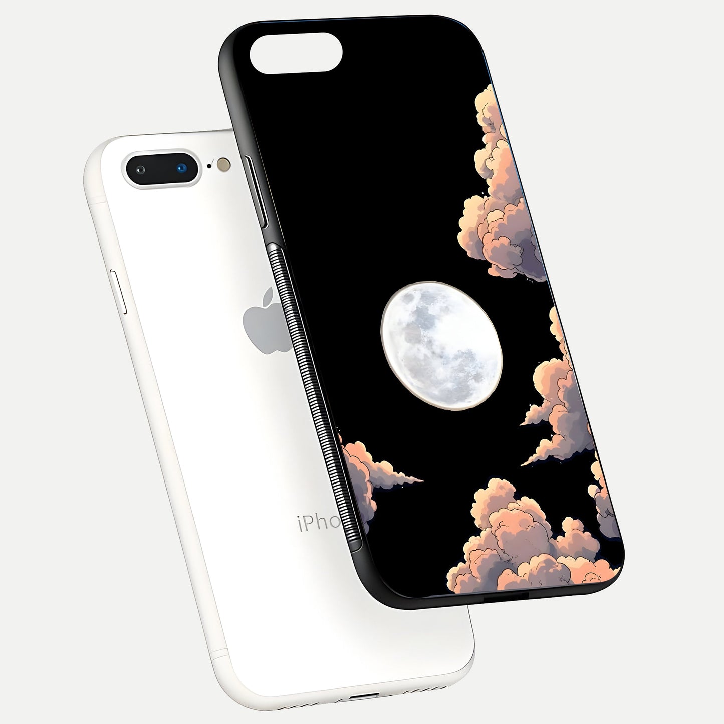 Shade Cloud Moon Glass Case for iPhone 8 Plus floating dual-view mockup showing gloss and celestial texture