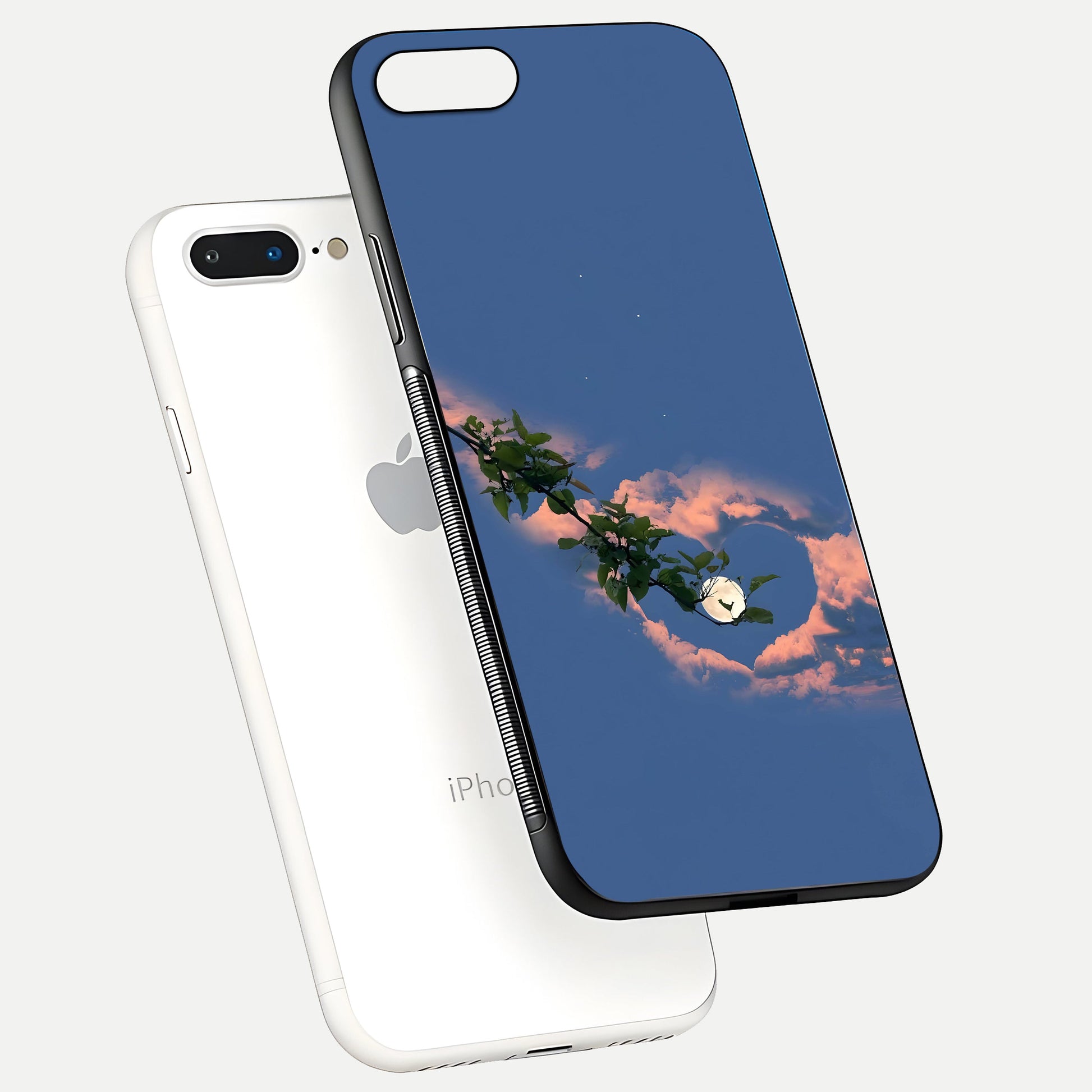 Sky Under Tree Glass Case for iPhone 8 Plus floating dual-view mockup displaying gloss reflection and landscape tone