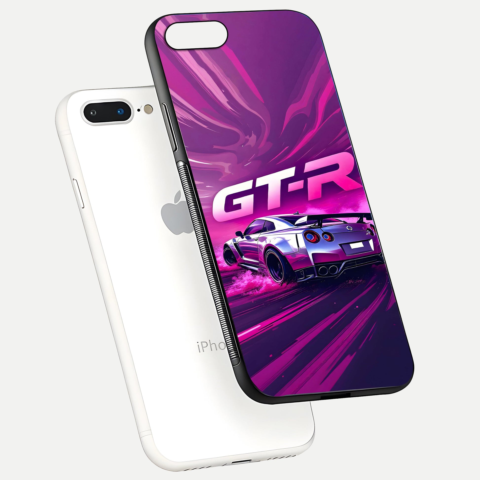 Speed Drift Legend Glass Case for iPhone 8 Plus floating dual-view mockup displaying gloss shine and motion effect