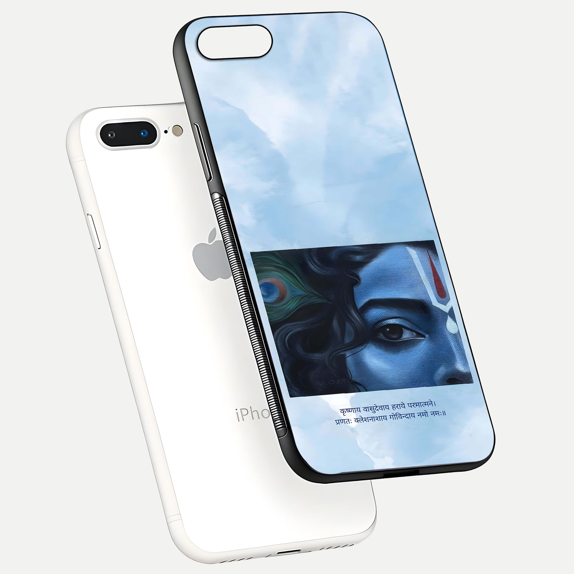 Spiritual Krishna Glass Case for iPhone 8 Plus floating dual-view mockup displaying gloss shine and divine detail