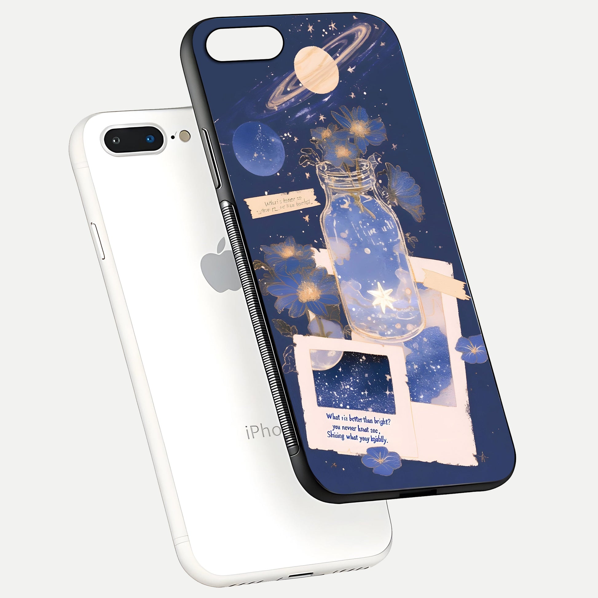 Starlit Cosmic Jar Glass Case for iPhone 8 Plus floating dual-view mockup displaying gloss and starry depth