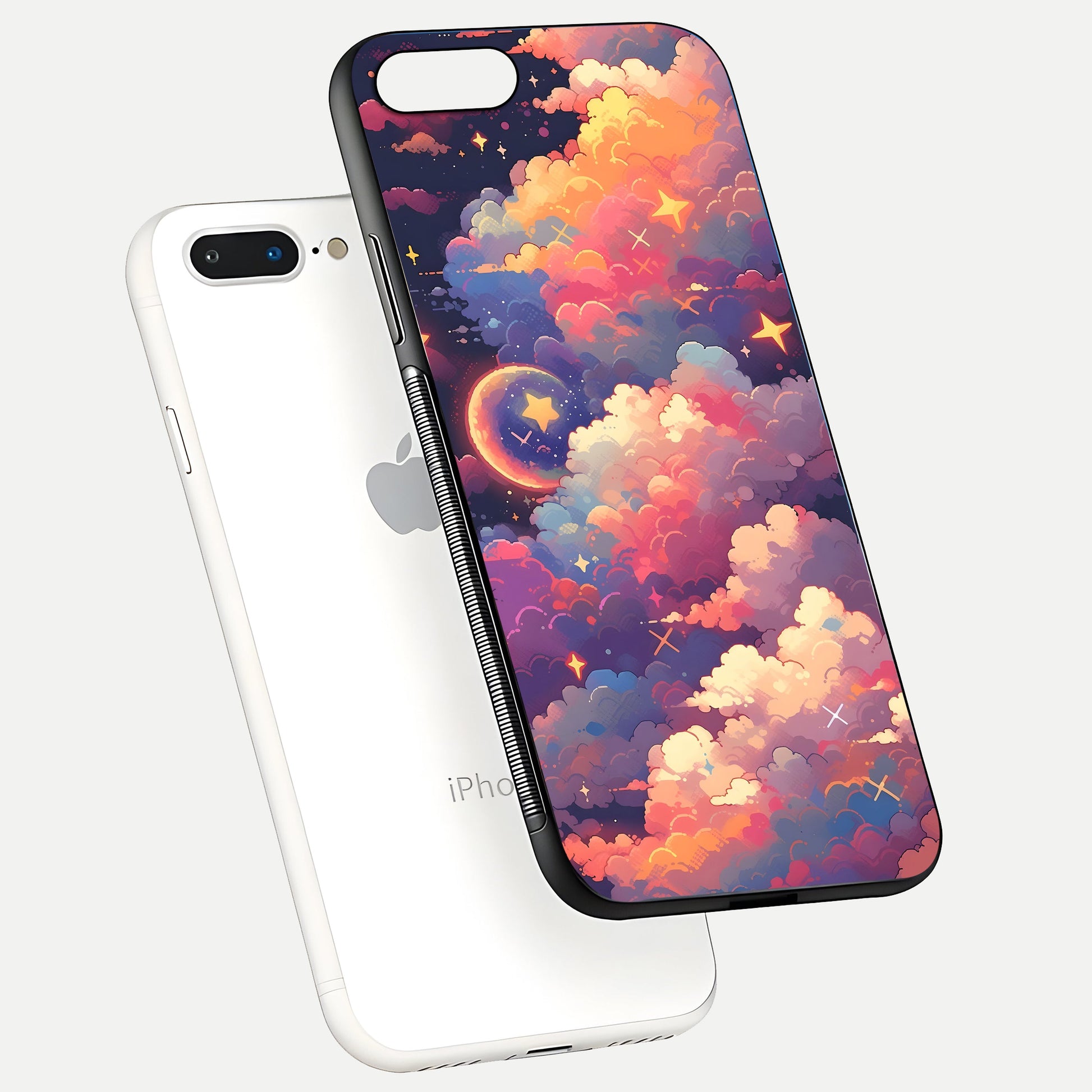 Starlit Dream Clouds Glass Case for iPhone 8 Plus floating dual-view mockup displaying gloss and soft light detail