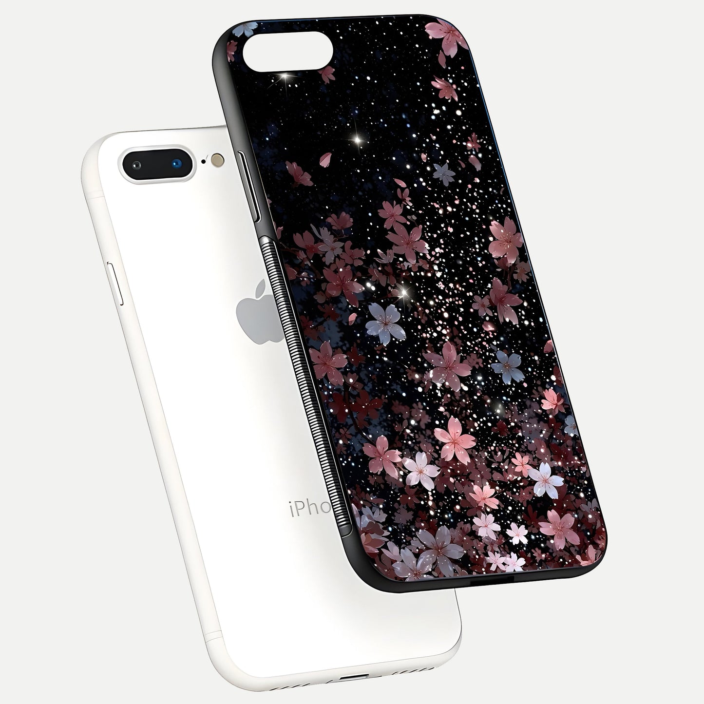 Starlit Flower Dreams Glass Case for iPhone 8 Plus floating dual-view mockup displaying gloss and print clarity