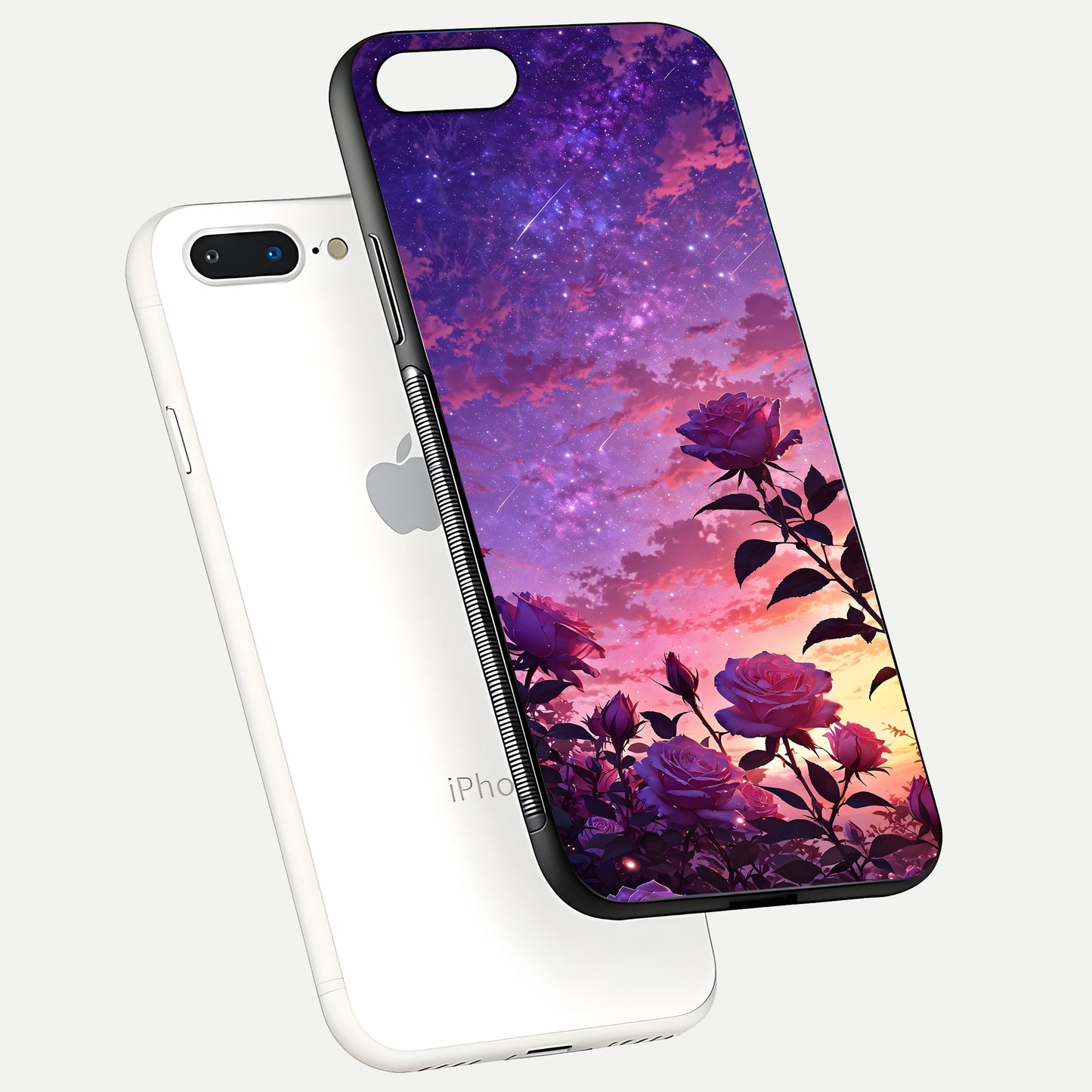 Starlit Rose Twilight Glass Case for iPhone 8 Plus floating dual-view mockup displaying gloss shine and depth