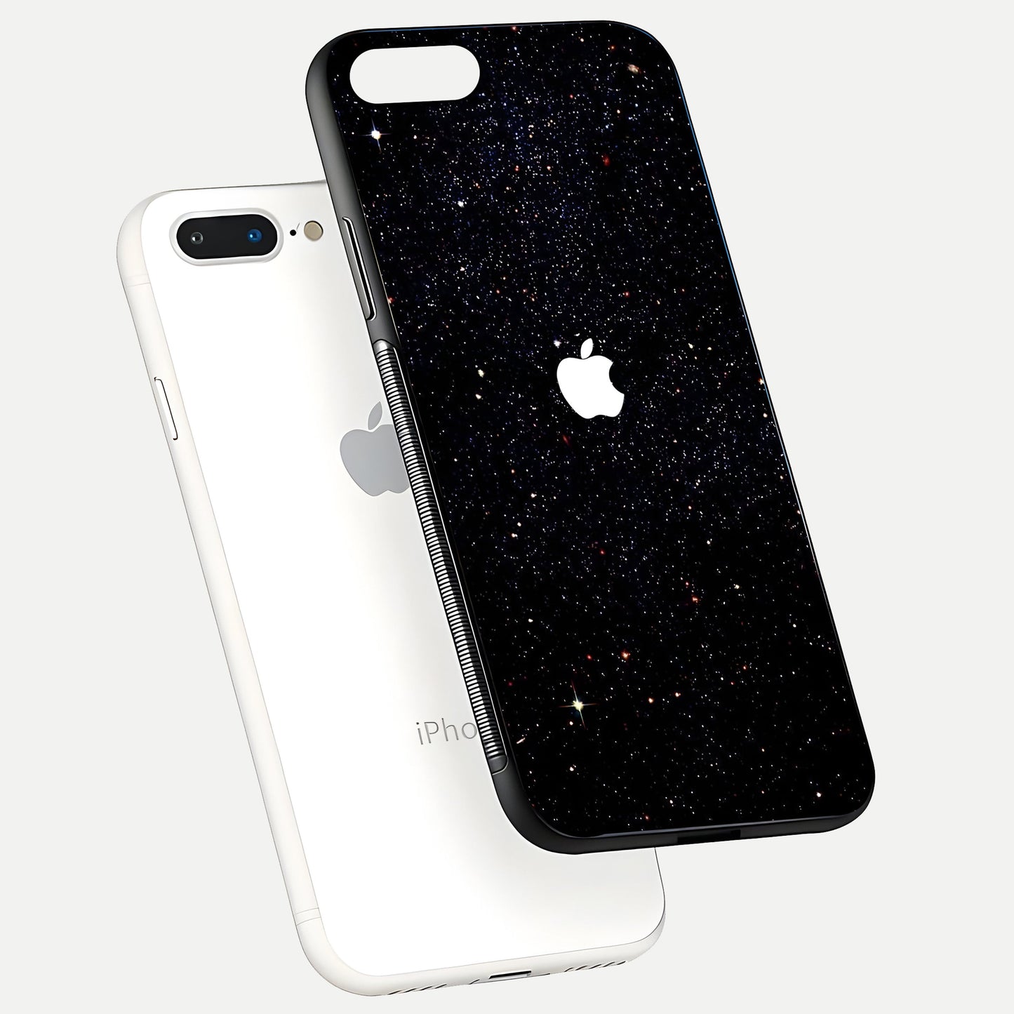 Starry Apple Galaxy Glass Case for iPhone 8 Plus floating dual-view mockup displaying reflection and shine
