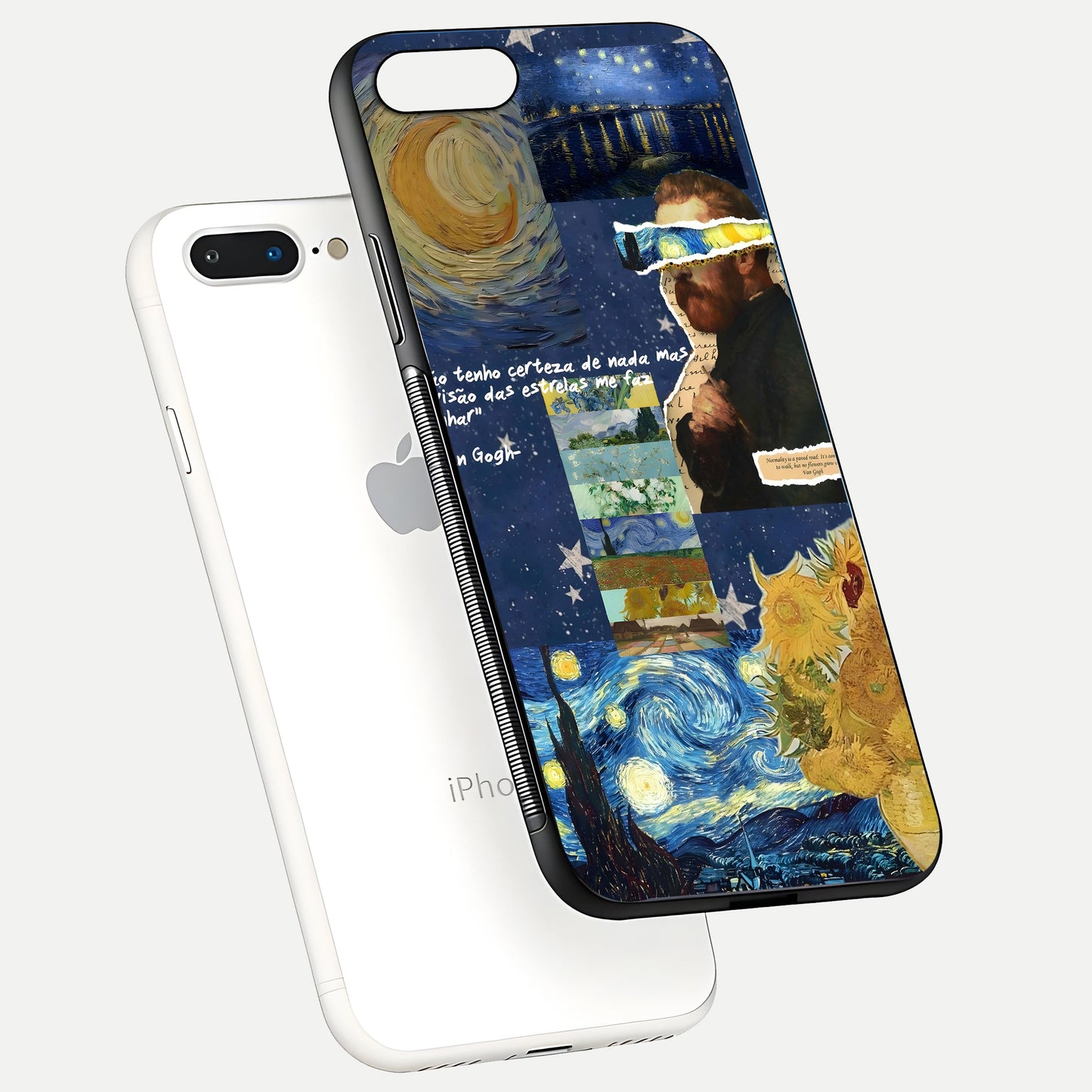 Starry Dream Vision Glass Case for iPhone 8 Plus floating dual-view mockup displaying gloss surface and clarity