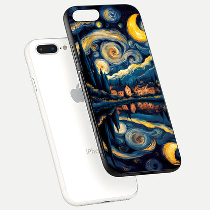Starry Sky Serenity Glass Case for iPhone 8 Plus floating dual-view mockup displaying gloss texture and shine