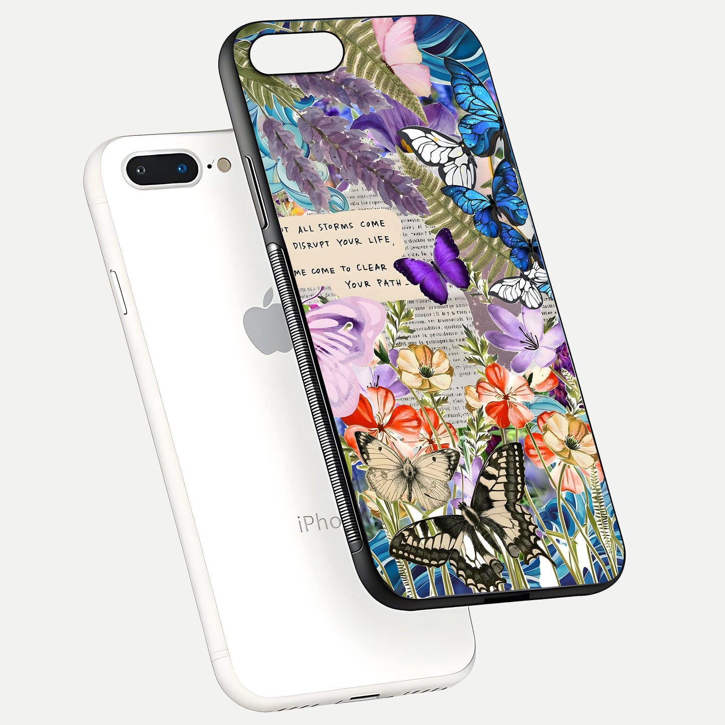 Storm Path Bloom Glass Case for iPhone 8 Plus floating dual-view mockup displaying gloss and pattern depth