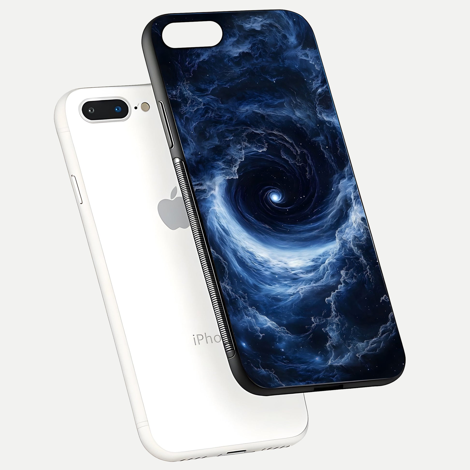 Stunning Galaxy Glass Case for iPhone 8 Plus floating dual-view mockup displaying gloss shine and vivid print depth