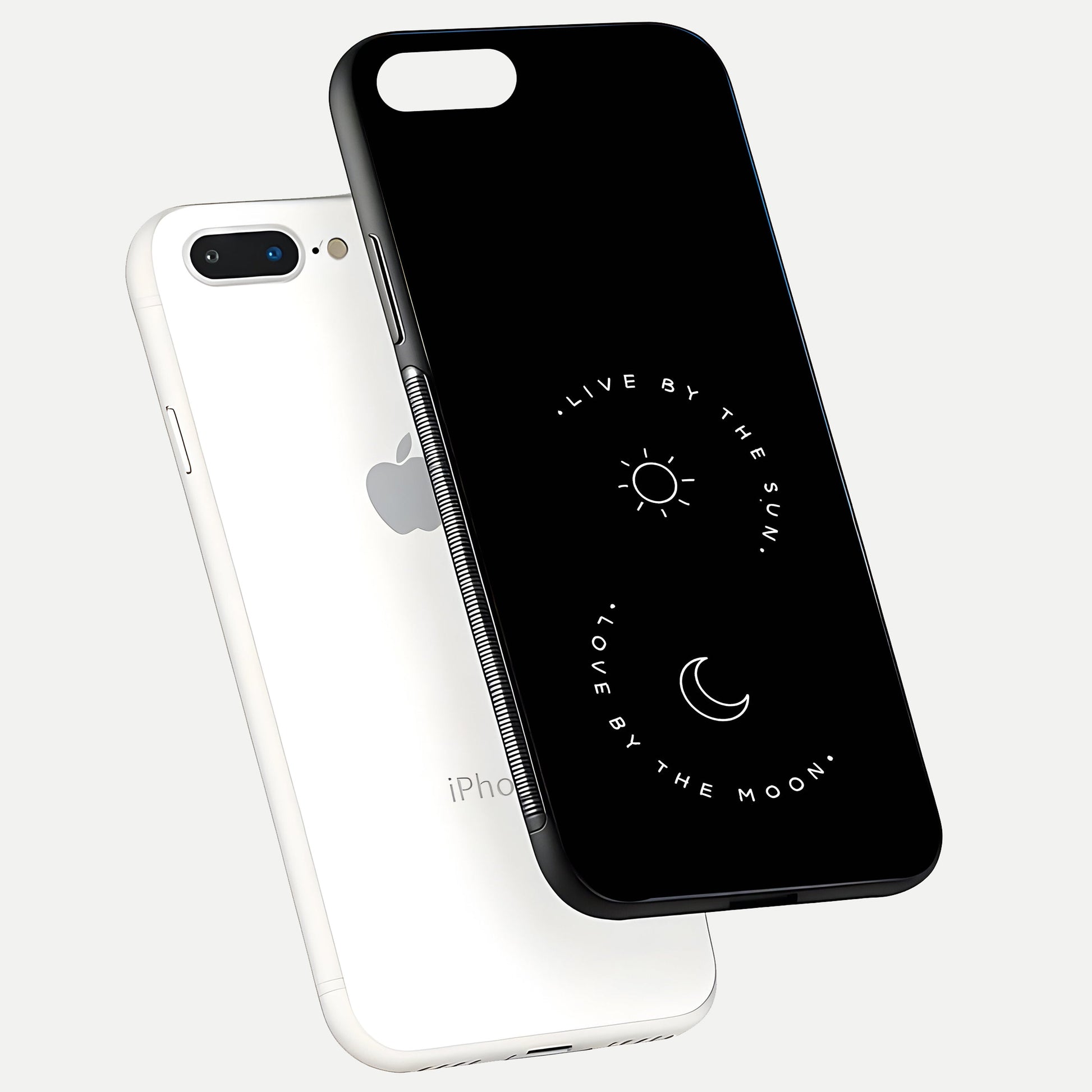 Sun Moon Balance Glass Case for iPhone 8 Plus floating dual-view mockup displaying gloss surface and edge clarity