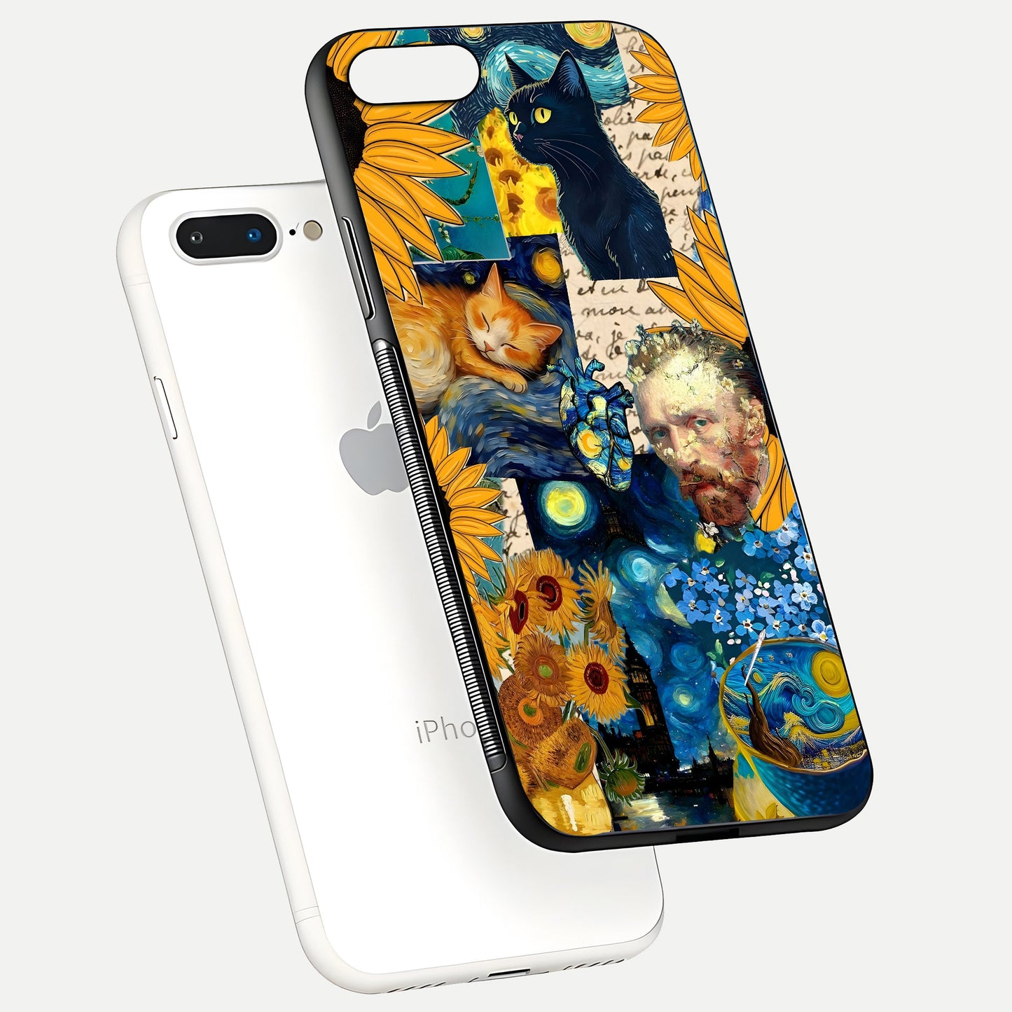 Sunflower Cat Art Glass Case for iPhone 8 Plus floating dual-view mockup displaying gloss shine and HD art print