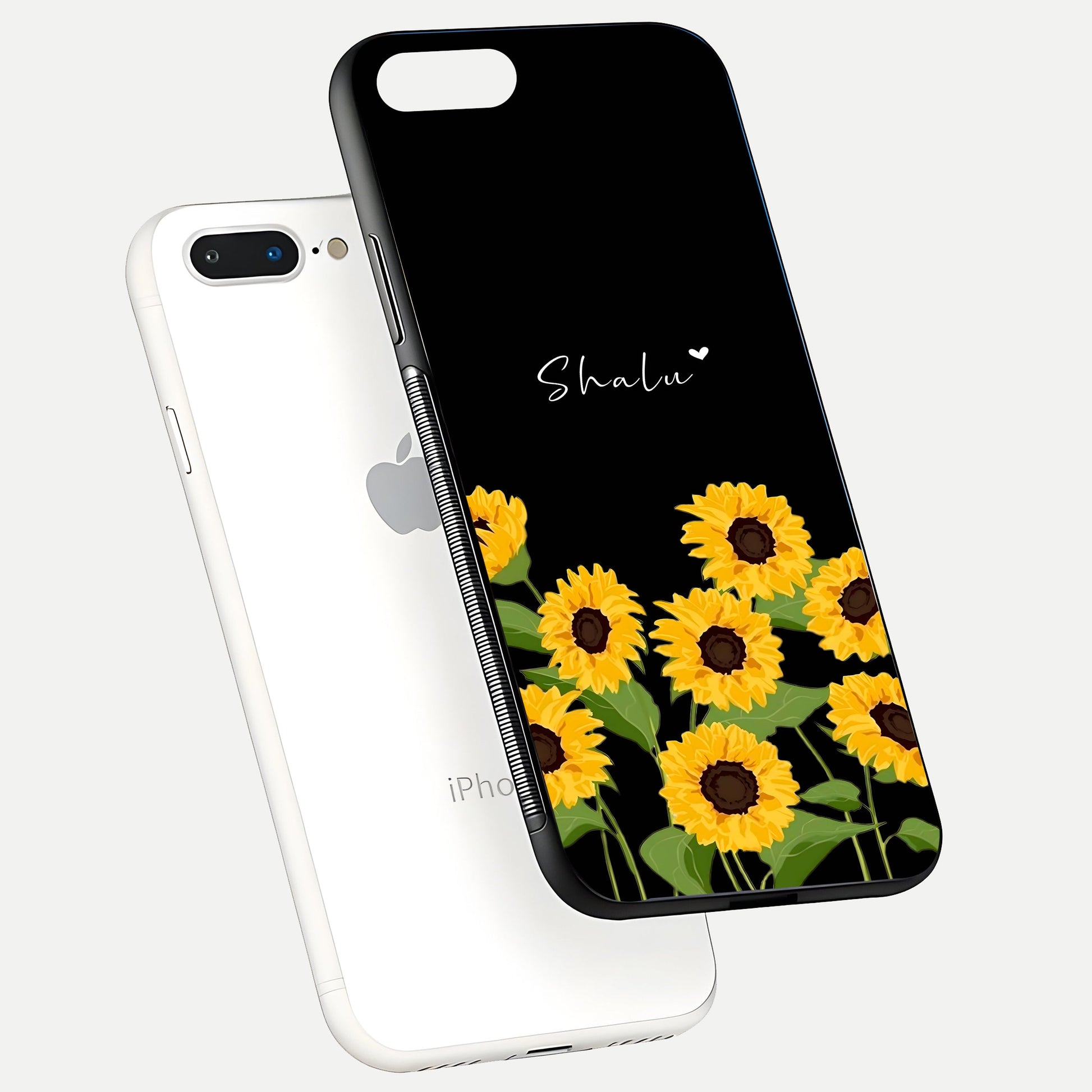 Sunflower Chic Mood Custom Name Glass Case for iPhone 8 Plus floating dual-view mockup displaying gloss texture and detail