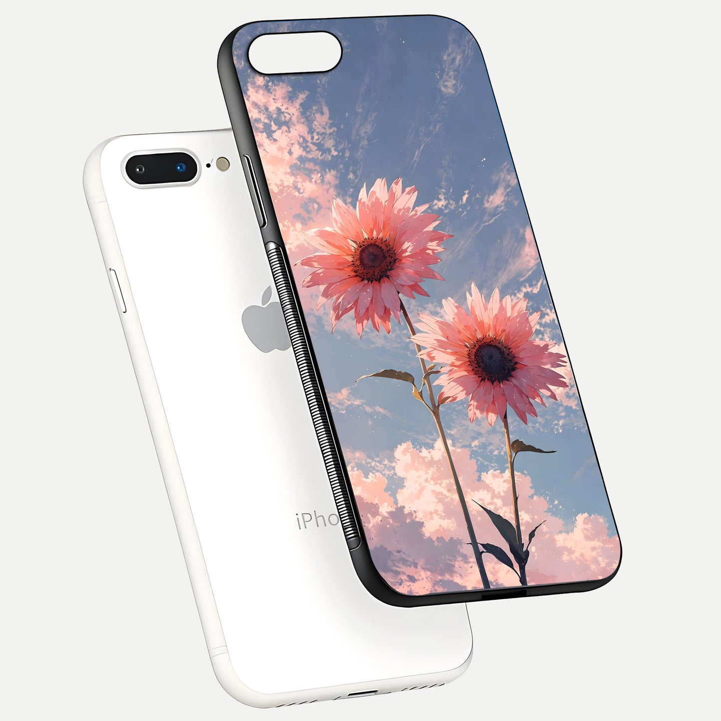 Sunlit Daisy Glow Glass Case for iPhone 8 Plus floating dual-view mockup displaying gloss finish and HD print
