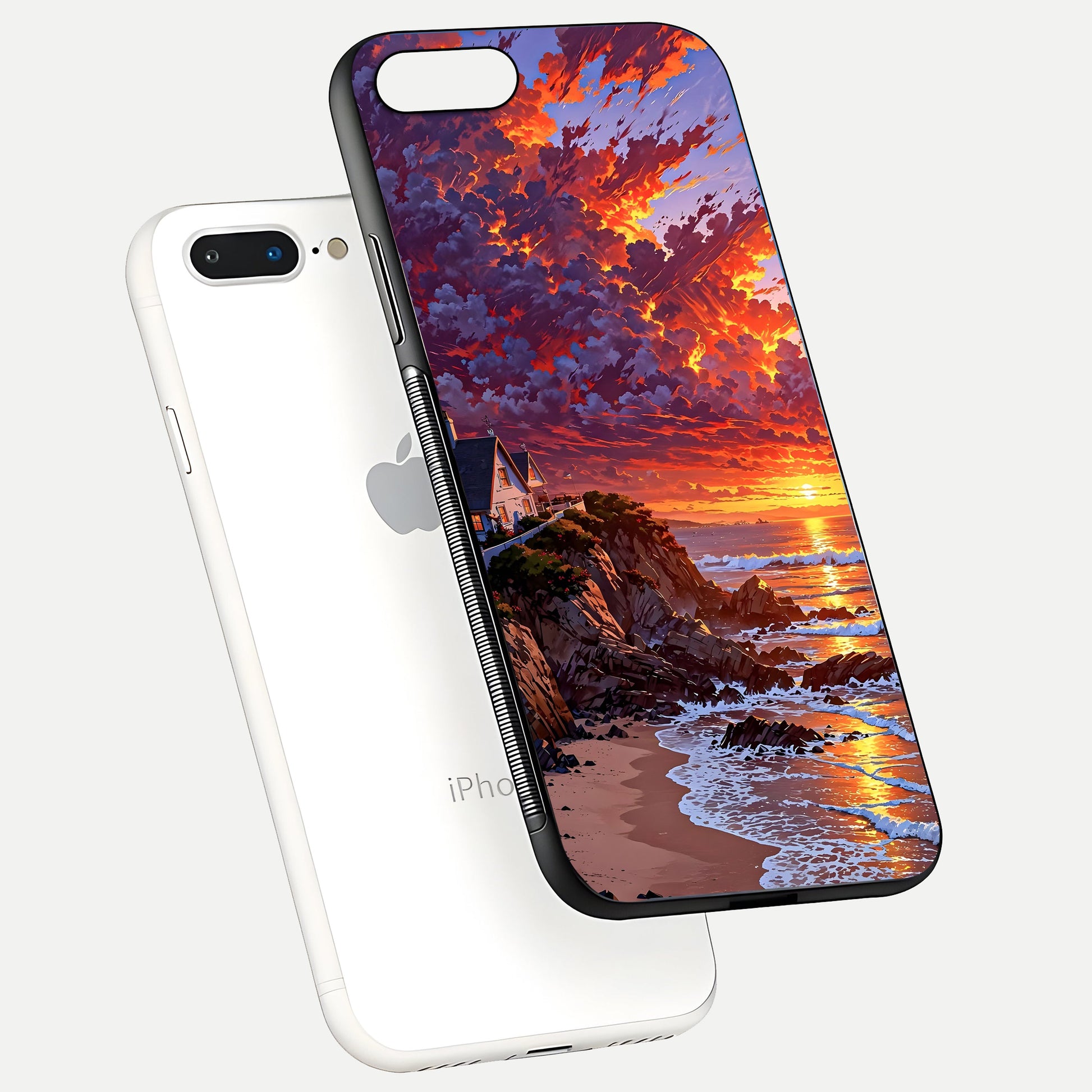 Sunset House by Sea Glass Case for iPhone 8 Plus floating dual-view mockup displaying gloss shine and depth