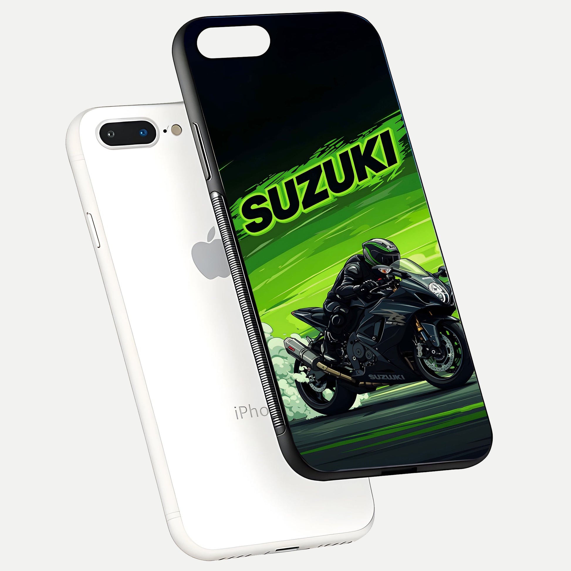 Suzuki Speed Beast Glass Case for iPhone 8 Plus floating dual-view mockup displaying gloss texture and shine