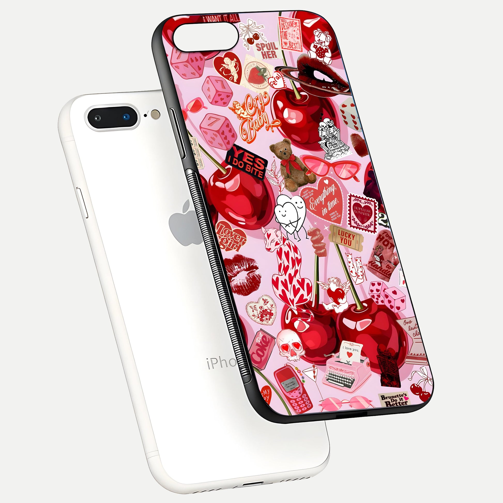 Sweet Cherry Chaos Glass Case for iPhone 8 Plus floating dual-view mockup displaying gloss surface and depth