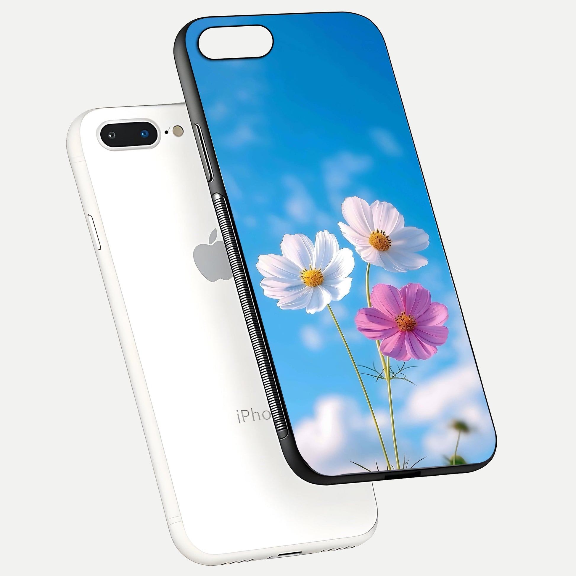 Triple Flowers With Sky Glass Case for iPhone 8 Plus floating dual-view mockup displaying gloss and soft hues