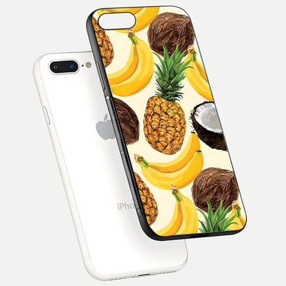 Tropical Fruit Mood Glass Case for iPhone 8 Plus floating dual-view mockup displaying gloss and vibrant colors