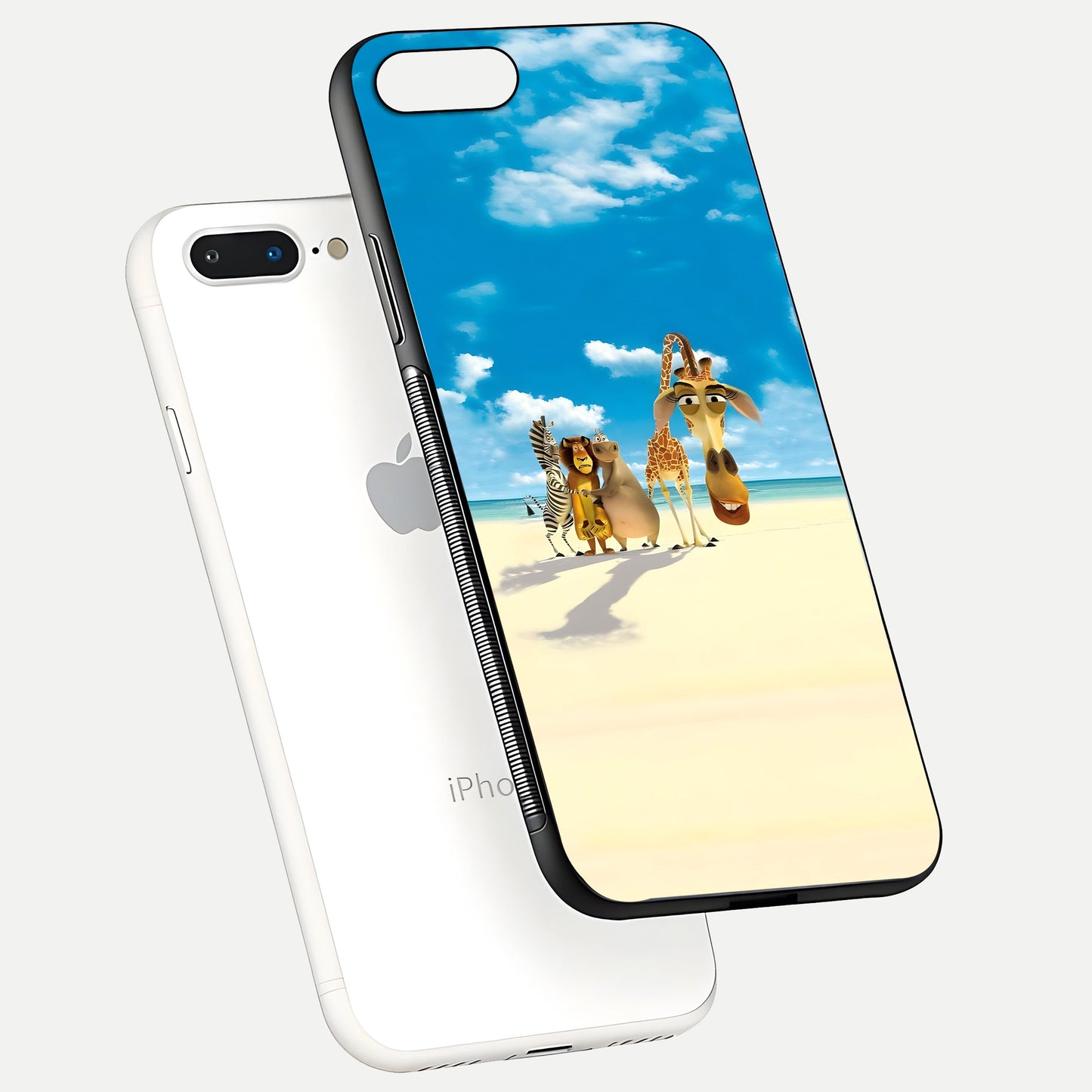Tropical Fun Squad Glass Case for iPhone 8 Plus floating dual-view mockup displaying gloss reflection and contrast