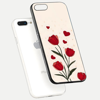 Tulip With Heart Glass Case for iPhone 8 Plus floating dual-view mockup displaying gloss texture and shine
