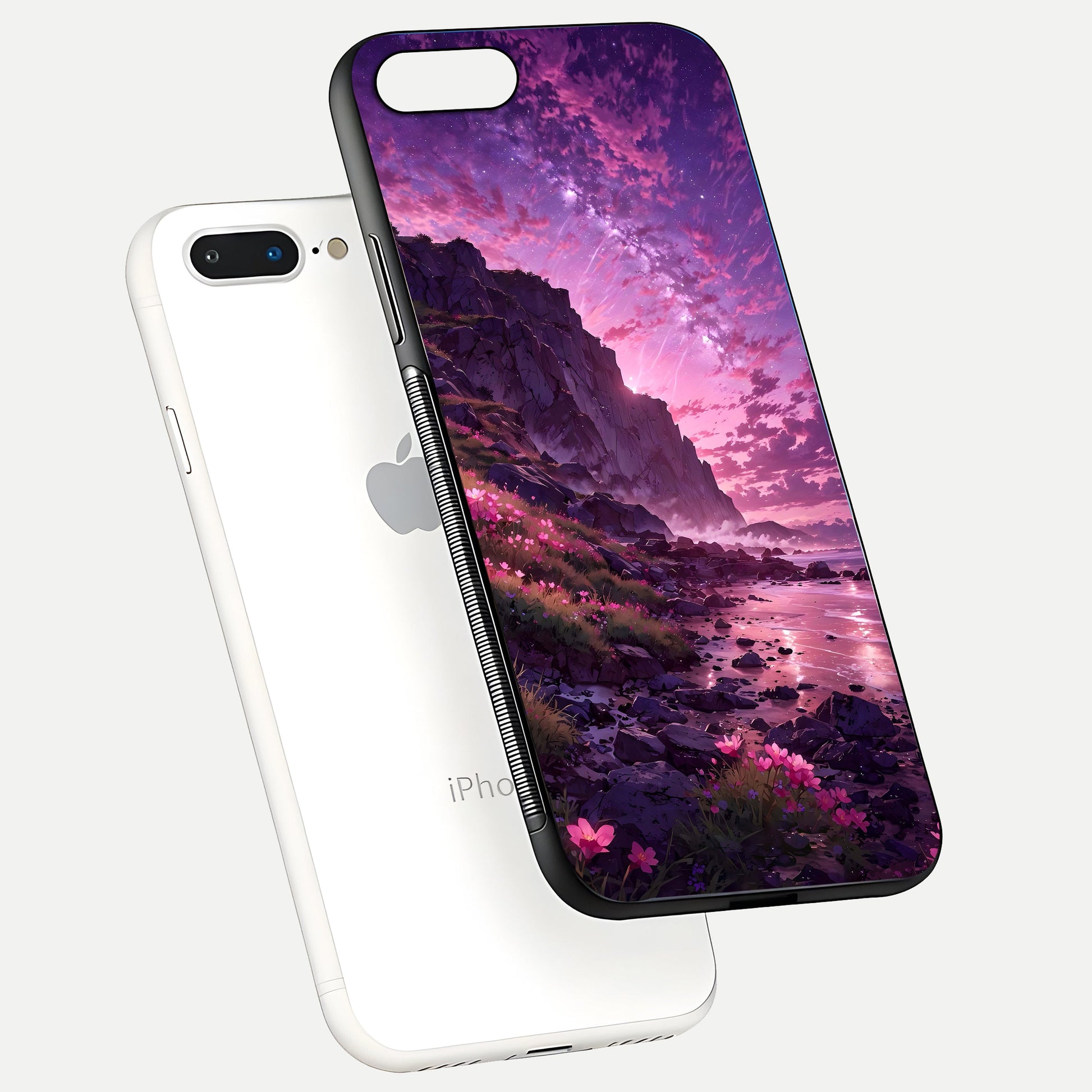 Twilight Blossom Coast Glass Case for iPhone 16 Pro floating dual-view mockup displaying gloss surface and detail