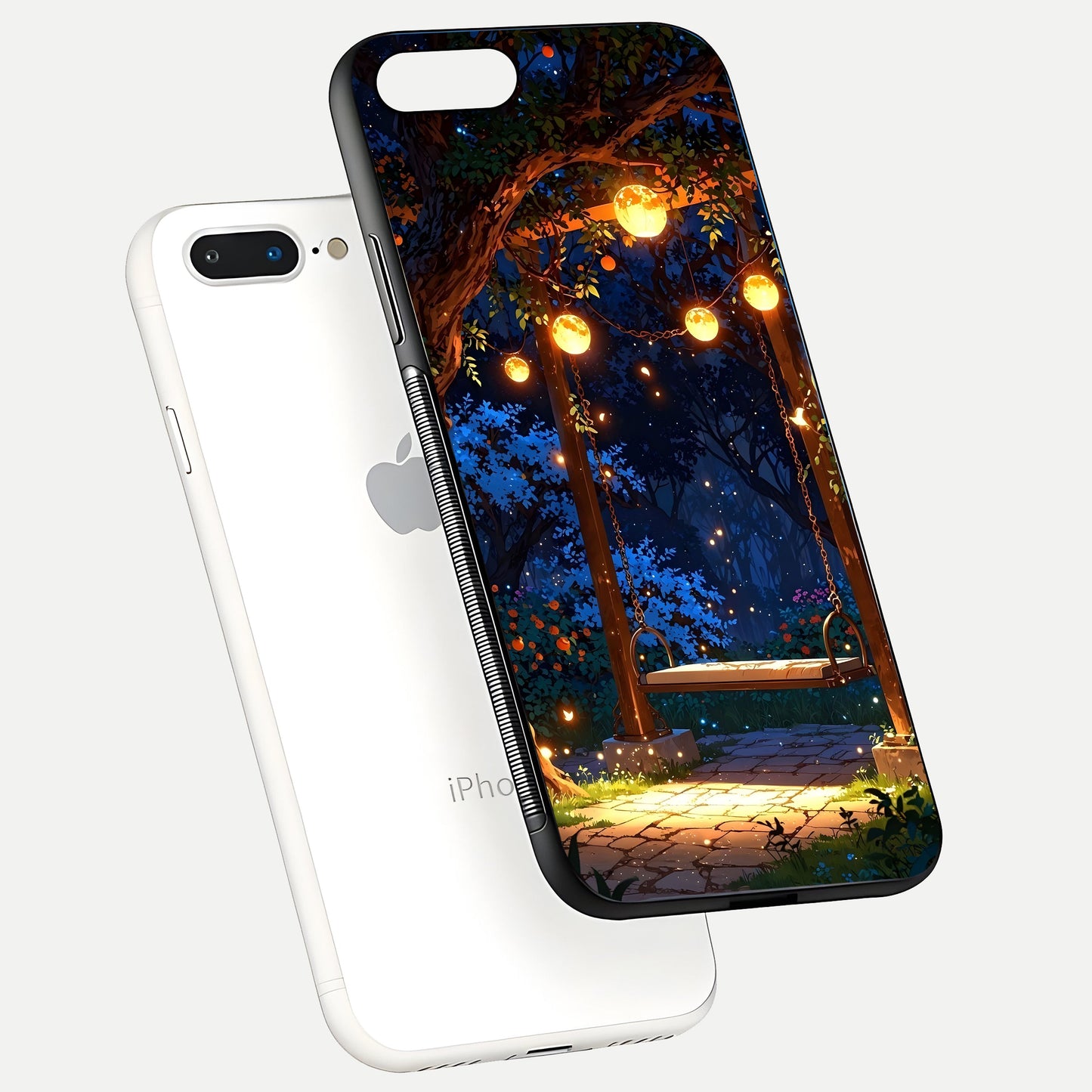 Twilight Garden Swing Glass Case for iPhone 8 Plus floating dual-view mockup displaying gloss and tone balance
