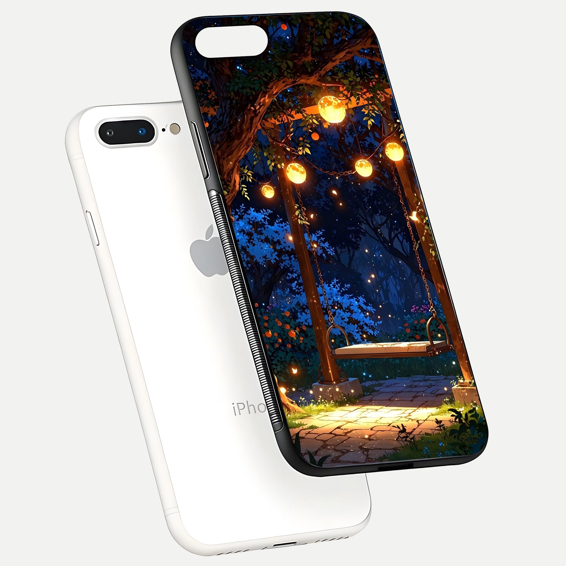 Twilight Garden Swing Glass Case for iPhone 8 Plus floating dual-view mockup displaying gloss and tone balance
