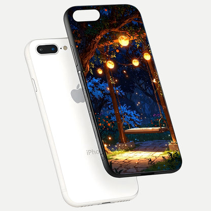 Twilight Garden Swing Glass Case for iPhone 8 Plus floating dual-view mockup displaying gloss and tone balance
