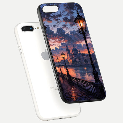 Twilight River Lights Glass Case for iPhone 8 Plus floating dual-view mockup displaying gloss shine and vivid details